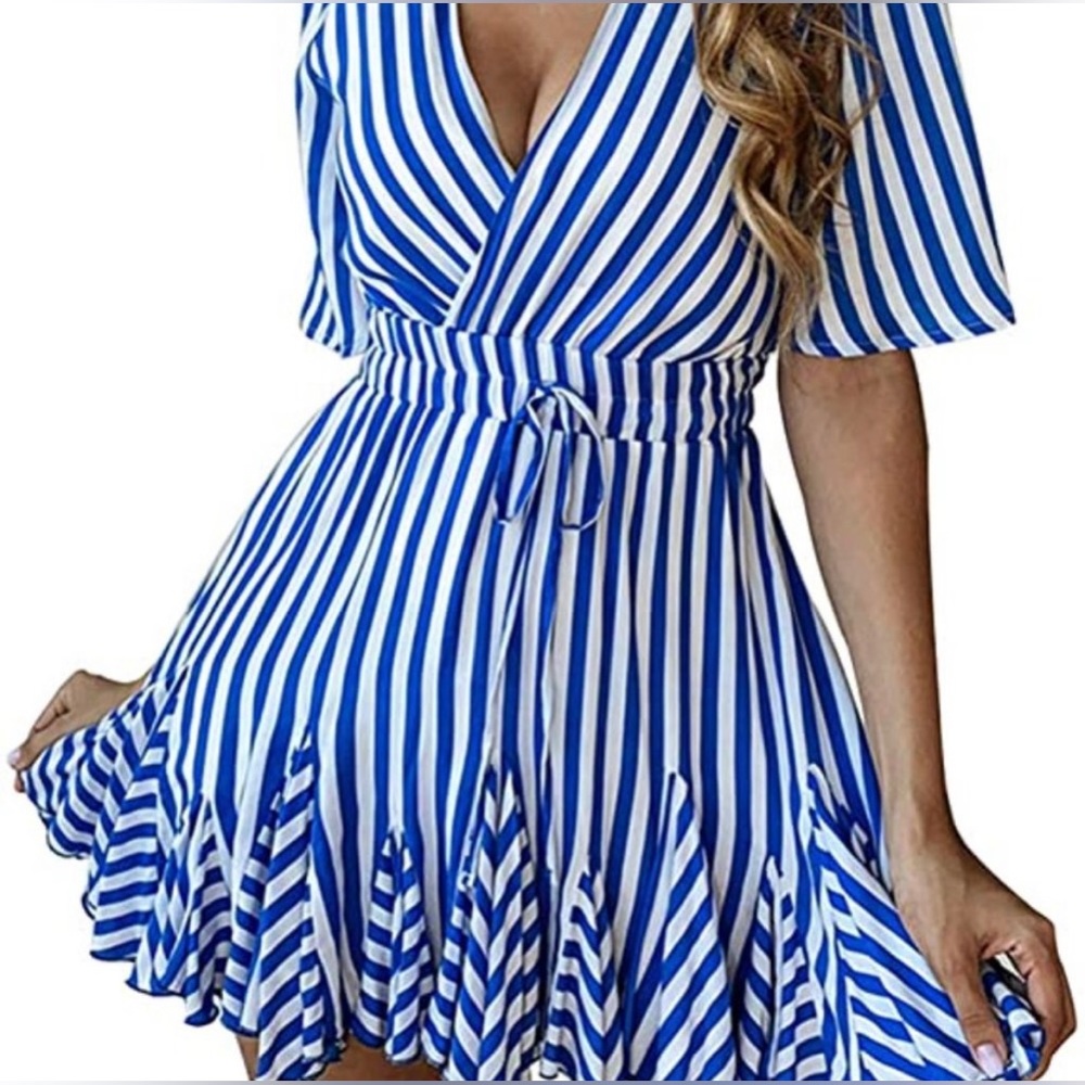 Pretty Garden Summer Blue & White Striped Wrapped Ruffle Hem Dress Small NWT